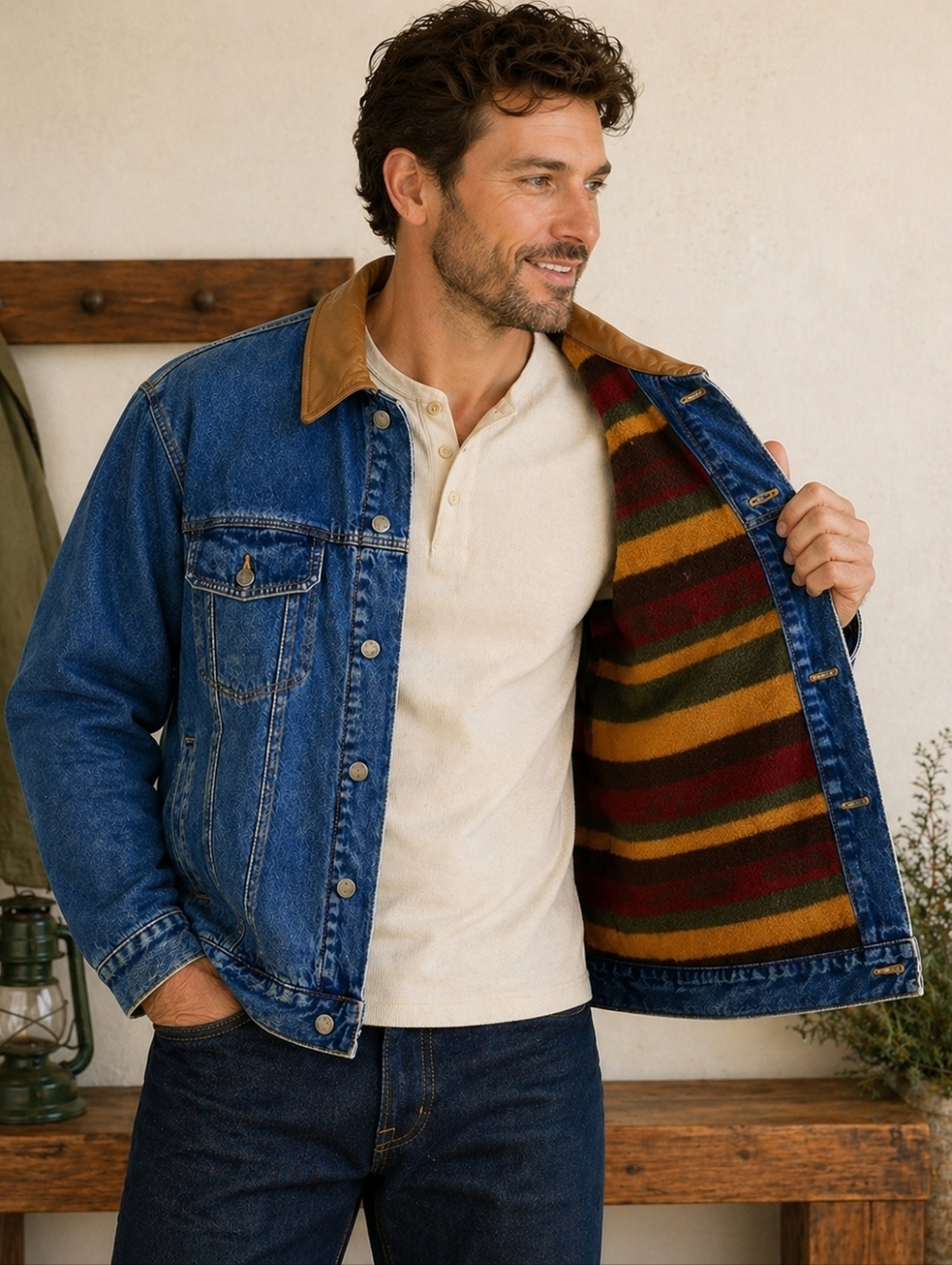 VTG Woolrich Denim Trucker Jacket Leather Collar Blanket Striped Lining Sz 2XL
